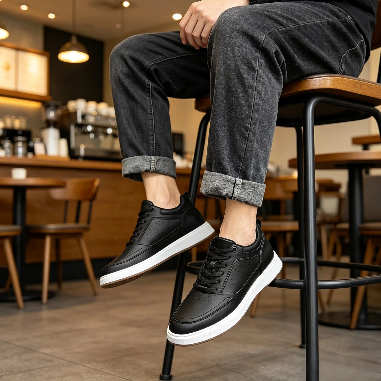 Men Hidden Height Increasing Sneakers, Full Leather Black Elevator Skate Shoes, Breathable Casual Hidden Heel Shoes For Men
