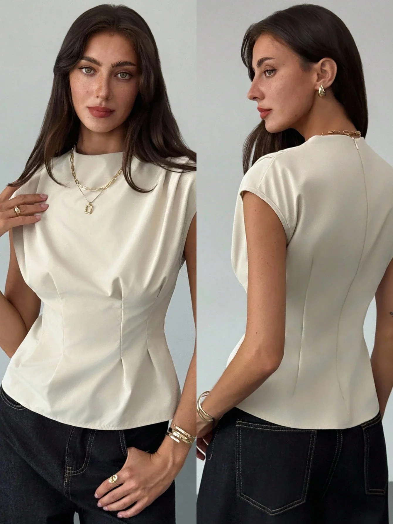 

Женская блузка с круглым вырезом, короткими рукавами и плиссированной талией, однотонная, для офиса, делового стиля, элегантная, повседневная.