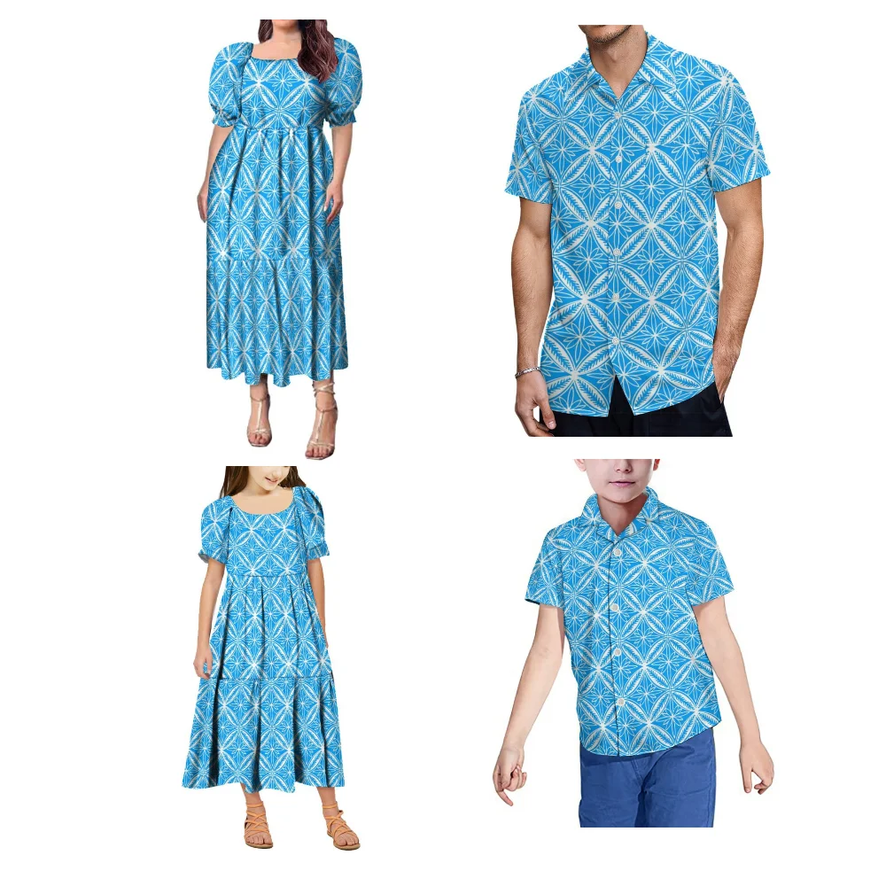 Tribal Peoples Polynesian Family Collection Set Puffy Puffed Sleeve Women'S Women'S Men'S Adult Children Fashion Pocket Shirt