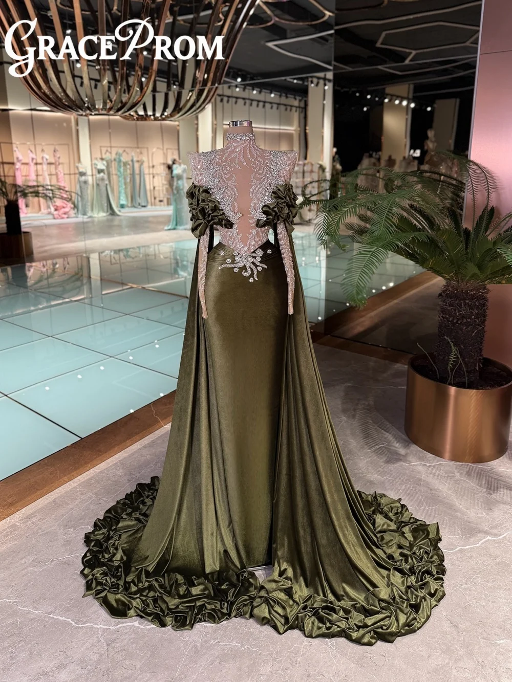 

Luxurious Deep V Neck Evening Dress Romantic Round Neck 3D Flower Evening Gown Charming Crystal Floor Length Party Gown Customiz