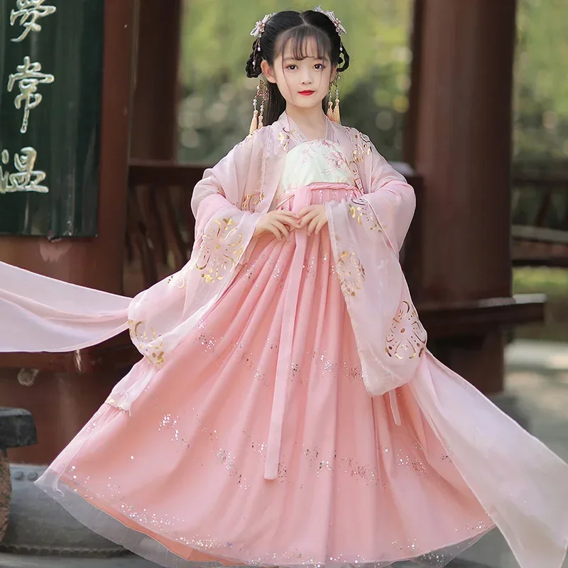 Chinese Traditional Costumes Ancient Style Tang Suit Hanfu Girls Chest-length Skirt Elegant Fairy Dress Embroidered Printing Set