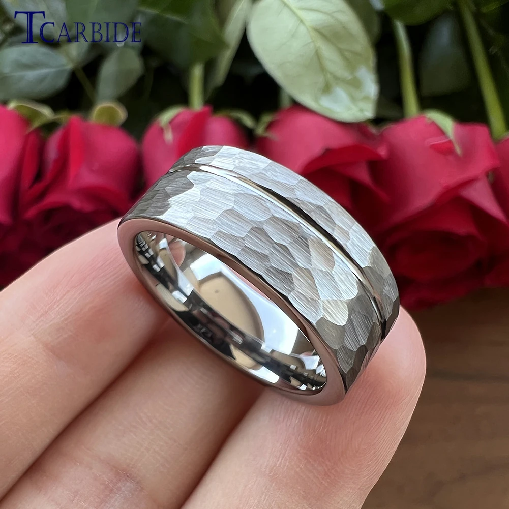 8MM Tungsten Hammer Ring Grooved Faceted Brushed Cool Wedding Band Jewelry For Women Men Free Shipping