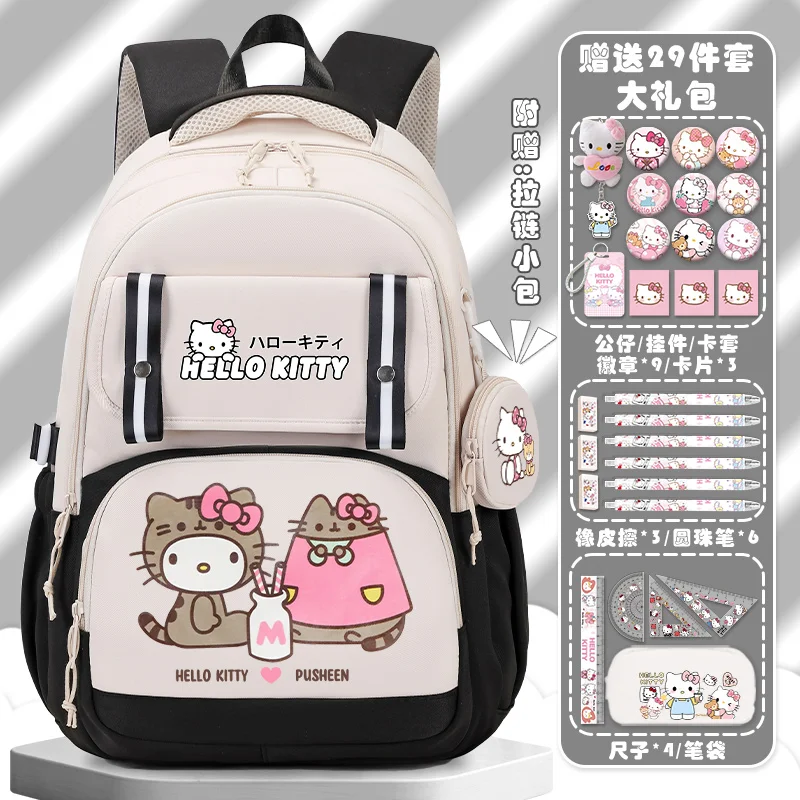 Sanurgente-Cartable étudiant Hello Kitty pour enfants, grande capacité, sac à dos de campus léger avec protection de la colonne vertébrale, nouveau