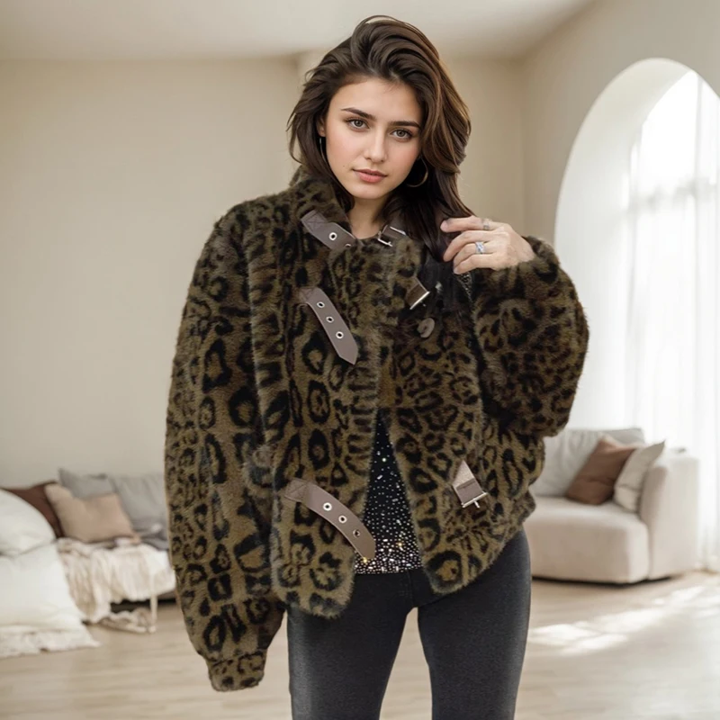 Imitation Mink Fur Leopard Short Coats Retro Heavy Industry 3D Three-dimensional Pattern Hot Drill Long Sleeves Lace Up Jacket