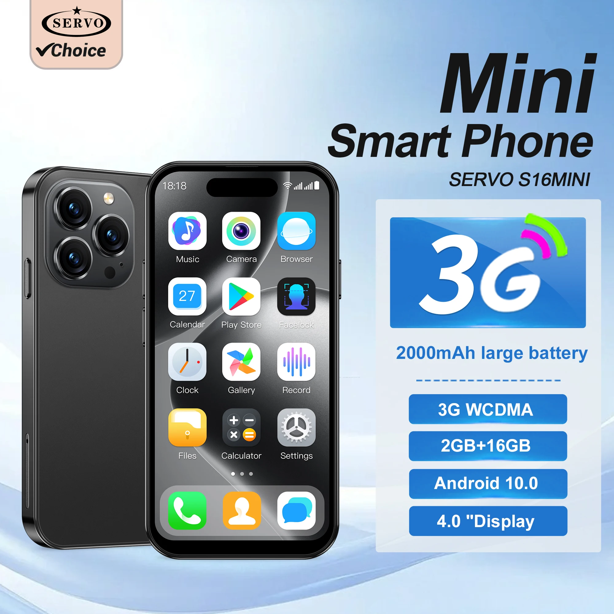 SERVO S16 Mini 3G WCDMA Smartphone Android 10.0 Dual SIM 2GB+16GB WiFi GPS Face Recognition Play Store Small Phones 4.0