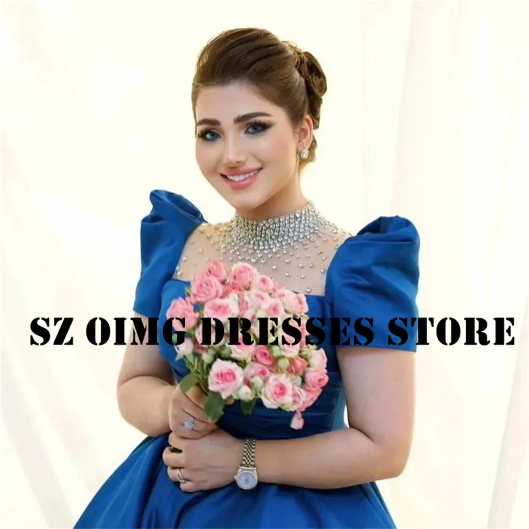 OIMG New Design Prom Dresses Arabic Blue Women Puff Sleeves Elegant Satin Ruched Crystals Evening Gowns Formal Party Dress