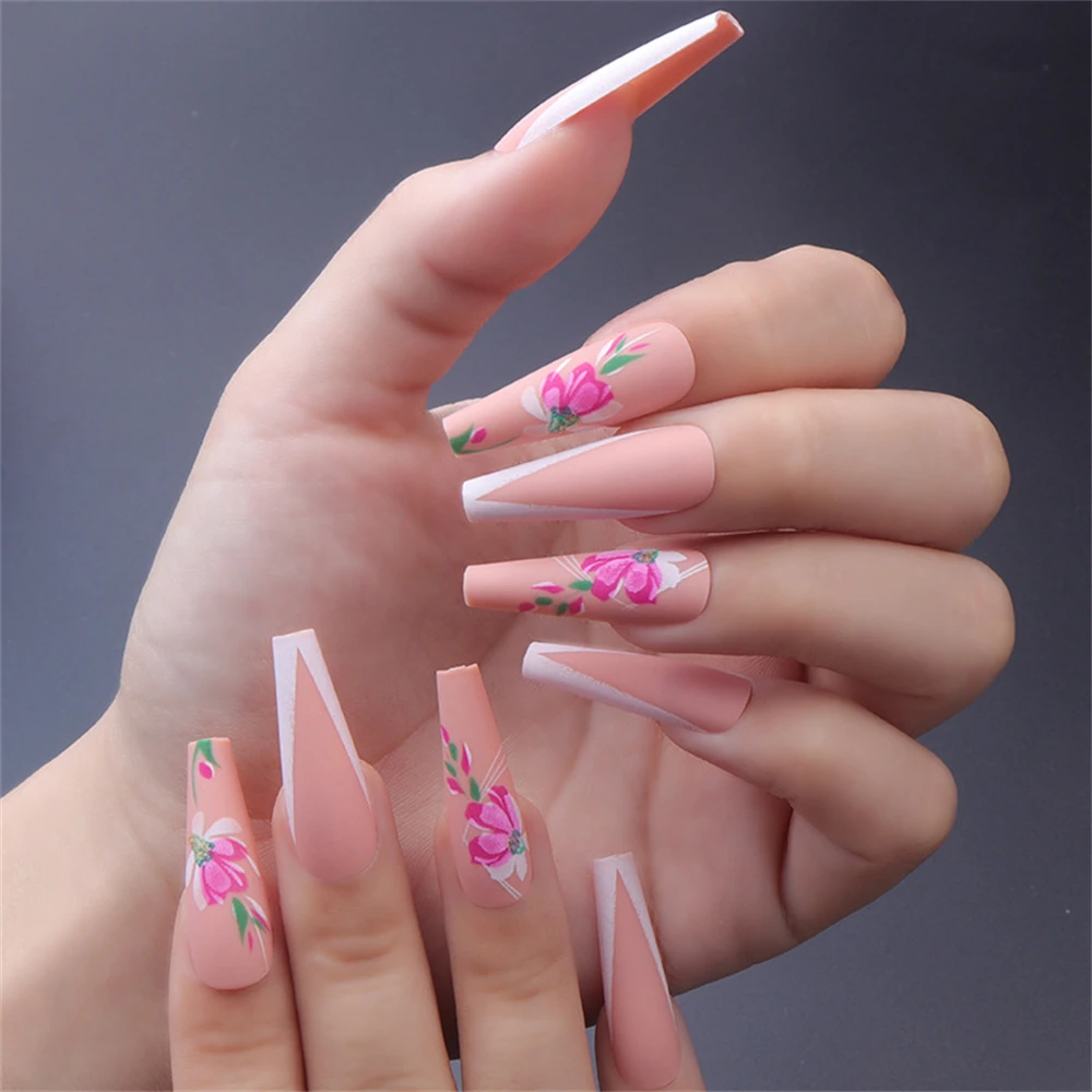 1~4SETS False Nails Manicure /box Nail Art With Design Nail Tools Long Ballet Fake Nails Frost Matte Fake Nail Long