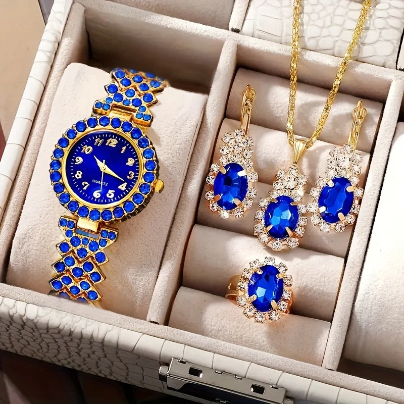 

5 Pcs Blue Quartz Watches Zinc Alloy Strap Zinc Alloy Pointer And Rhinestone Jewelry Perfect Gifts For Mom Her Gifts For Eid