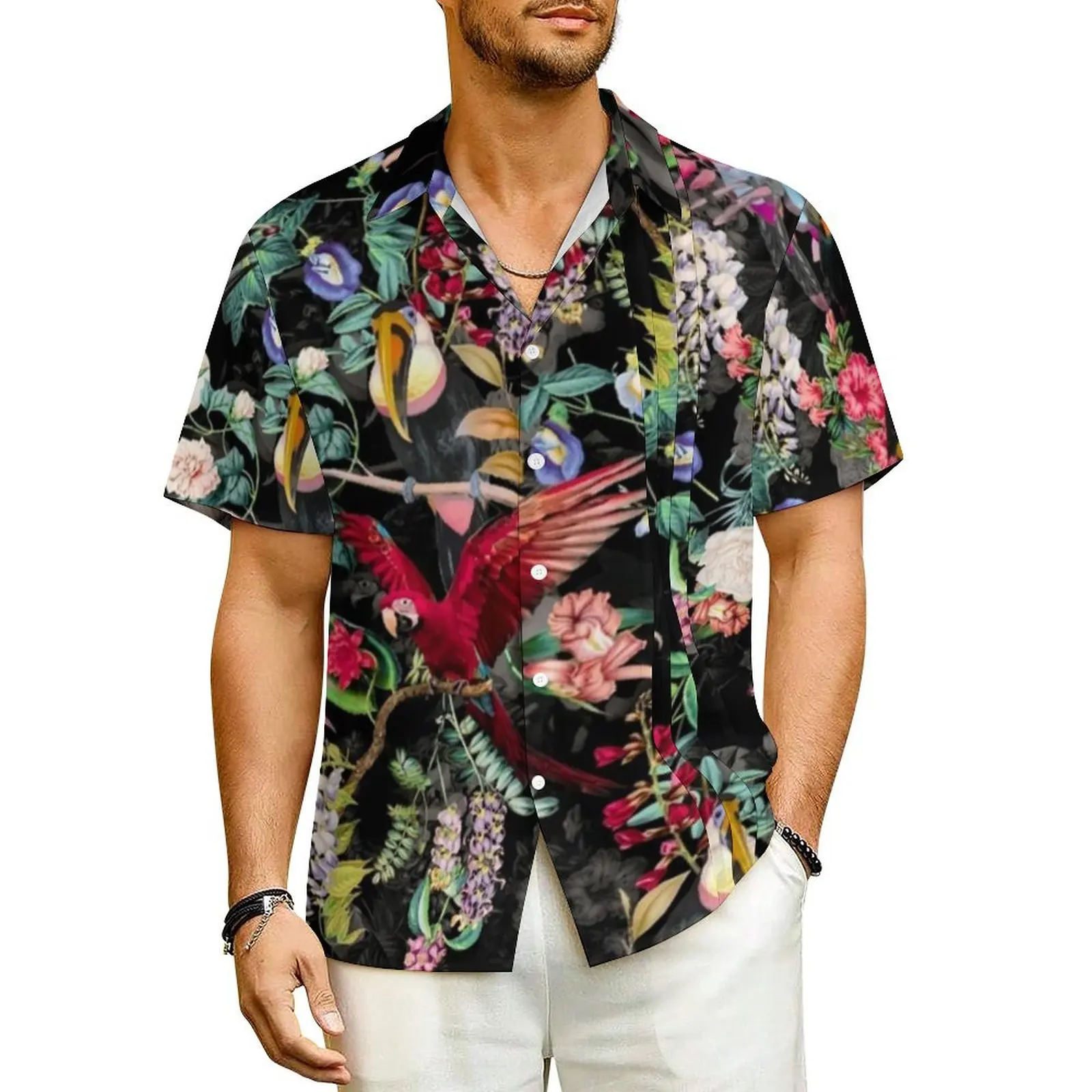 

Red Parrot Hawaii Shirt For Man Vacation Tropical Floral Print Casual Shirts Short Sleeve Streetwear Retro Oversized Blouses