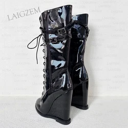 ZHIMA Women Knee High Boots Platform Wedges Side Zip Shiny 13CM Heel Height Tall Boots Ladies Shoes Woman Big Size 41 43 45 52