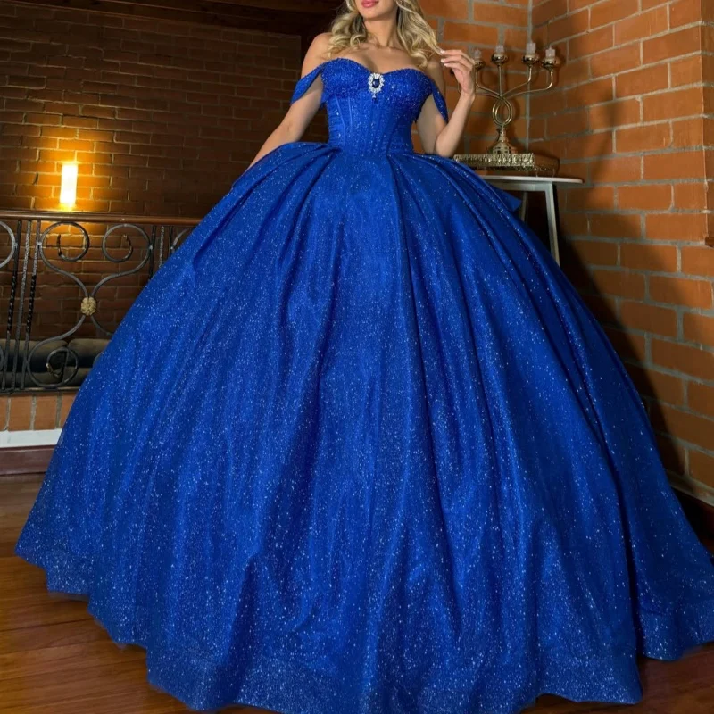 

Shiny Royal Blue Quinceanera Dress off-shoulder Crystal Glitter Layering Decal Long tail vestidos de 15 Quinceanera ﻿Customize