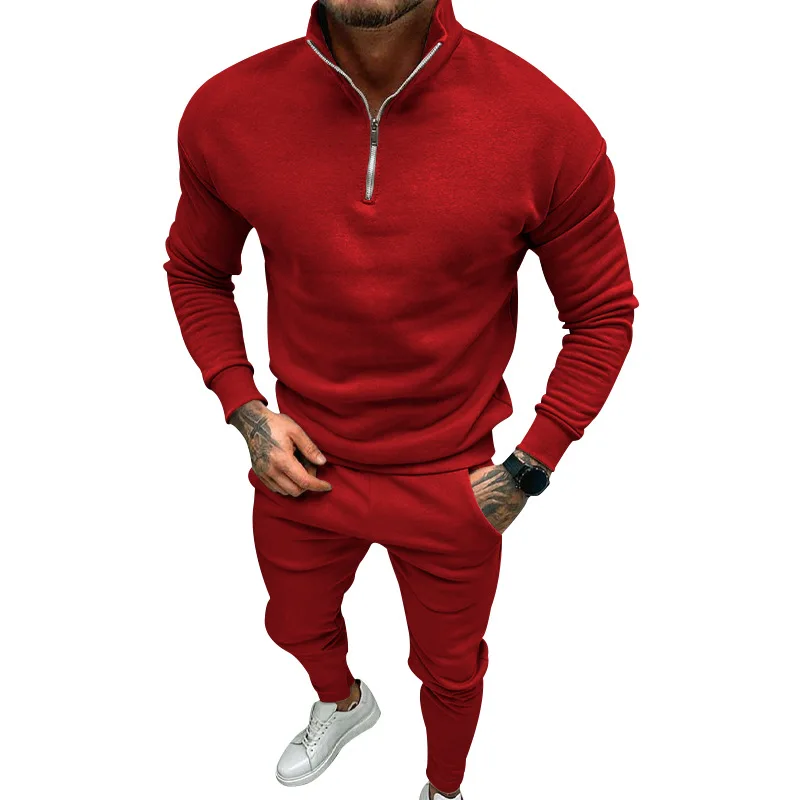 2025 Autumn and Winter Men's Casual Plus Velvet Solid Color Long Sleeve Half-zipper Top Two-piece Set of Trousers