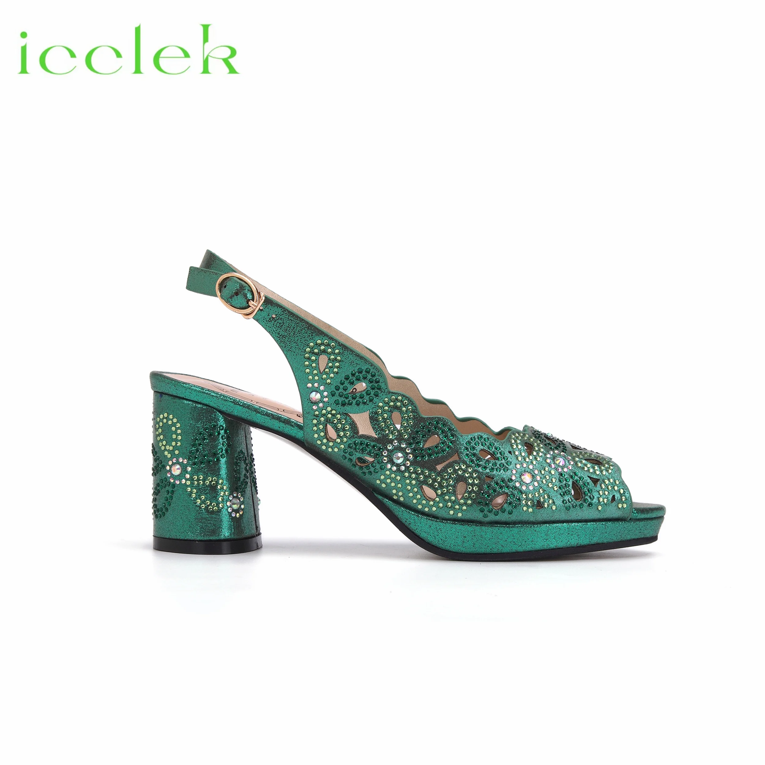 Hot Selling Summer Hollwo Design Peep Toe High Heel Ladies Shoes Matching Bag Set For Party in Green Color