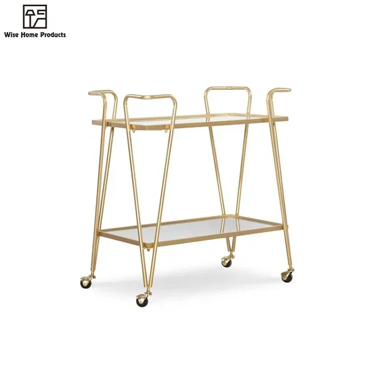 Bar Cart Furniture 2 Tier Gold Metal Kitchen Serving Bar Trolley Cart For Dining Room