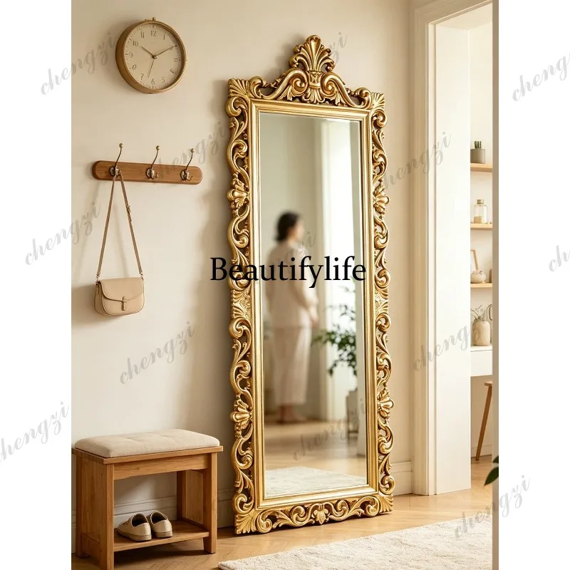 D183 French retro full-body mirror on the wall American carved full-length mirror classical entrance floor mirror