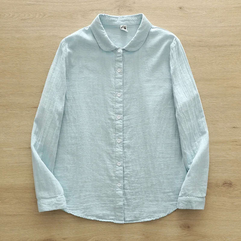 New Autumn Double-layer Cotton Yarn Solid Shirt Women Japan Style Loose Long Sleeve Top Girl Office Lady Work Wear Tops