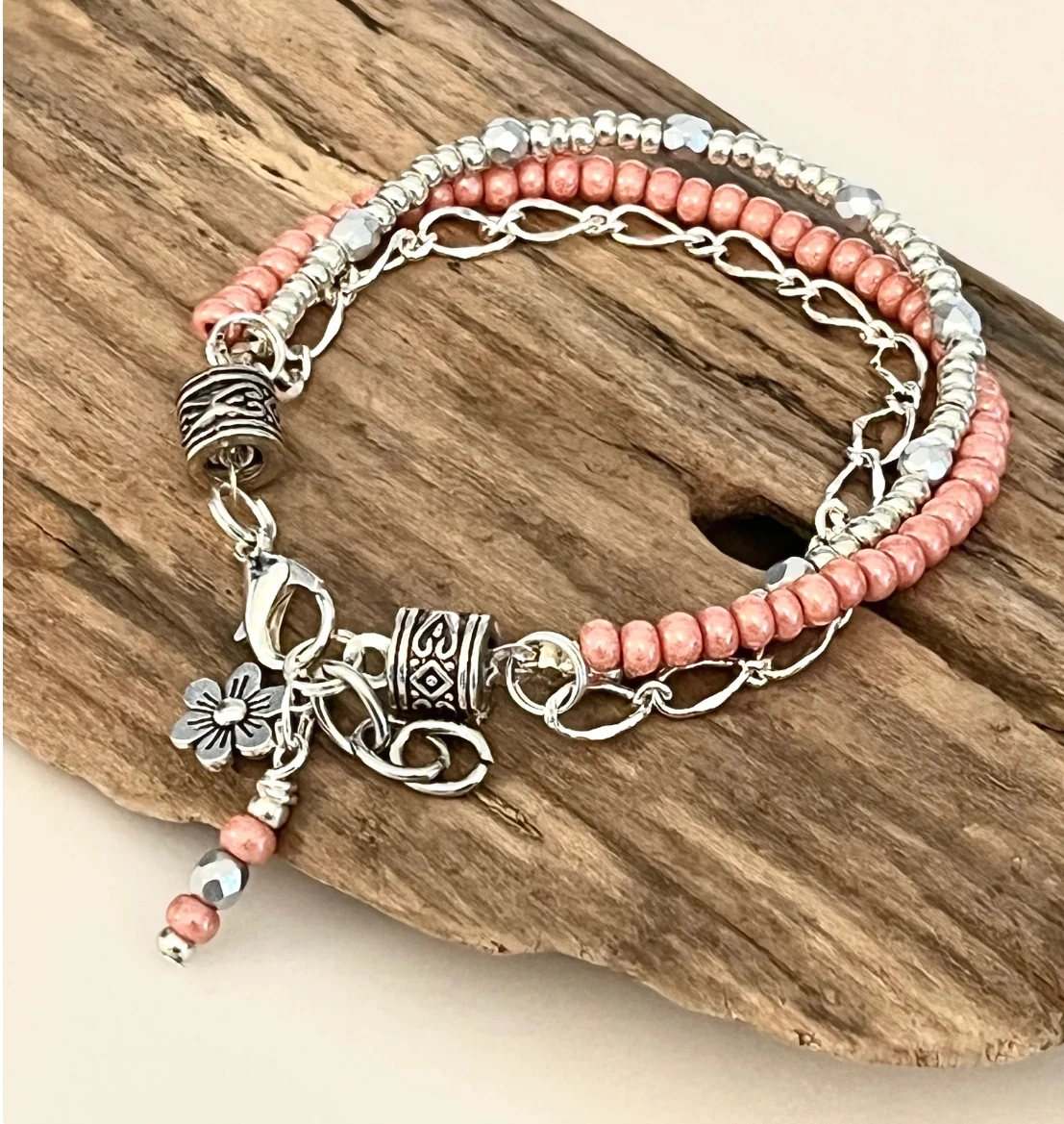 Beaded Wrap  Pink Beaded Boho Bracelet with Chain