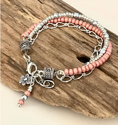 Beaded Wrap Pink Beaded Boho Bracelet with Chain