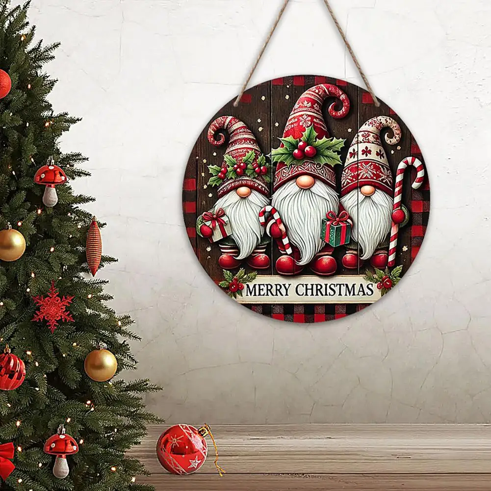 Christmas Hanging Sign Decoration Wooden Welcome Sign Round Wood Hanging Plaque Festive Gnome Welcome Sign Window Pendants