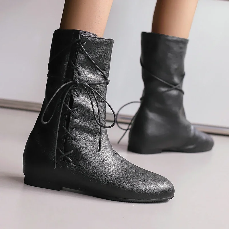 

Lace-up Cross-tied Burgundy Brown Color Round Toe Soft Flat Western Boots Ankle Cowboy Shoes for Women Winter Fall Botas Size 48