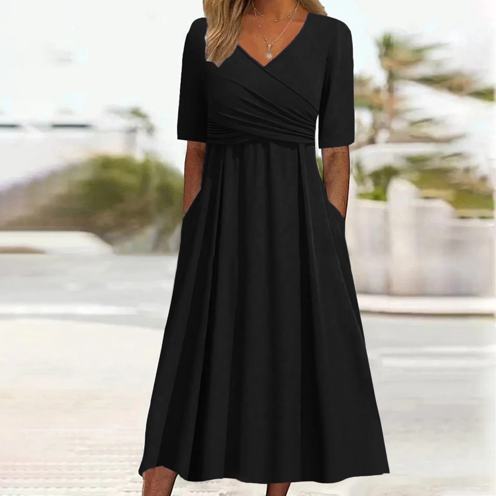 

Women's Pleated Loose Vintage Dress Casual V Neck Short Sleeved Dress For Female Elegant Solid Color Beach Long Skirt Vestidos