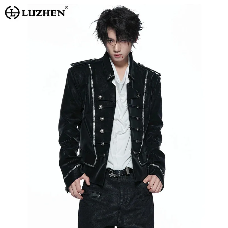 LUZHEN 2026 New Trendy Original Double Breasted Decorate Line Outline Slim Fit Casual Jacket Men's Stylish Leather Coat JY9284