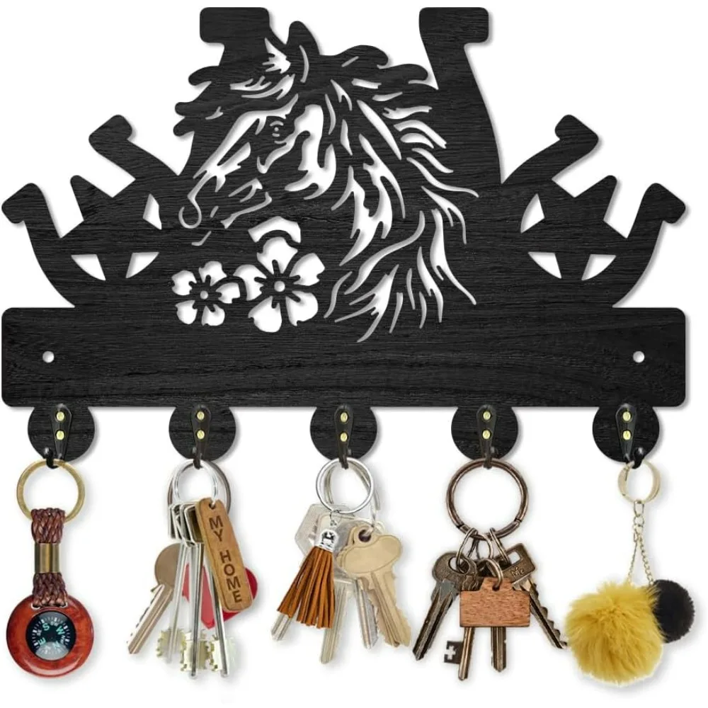 Horse Horseshoe Coat Rack Wall Mount Farmhouse Western Wood Key Hooks for Wall 11.8×7.9inch Black Key Holder Hanger Rustic