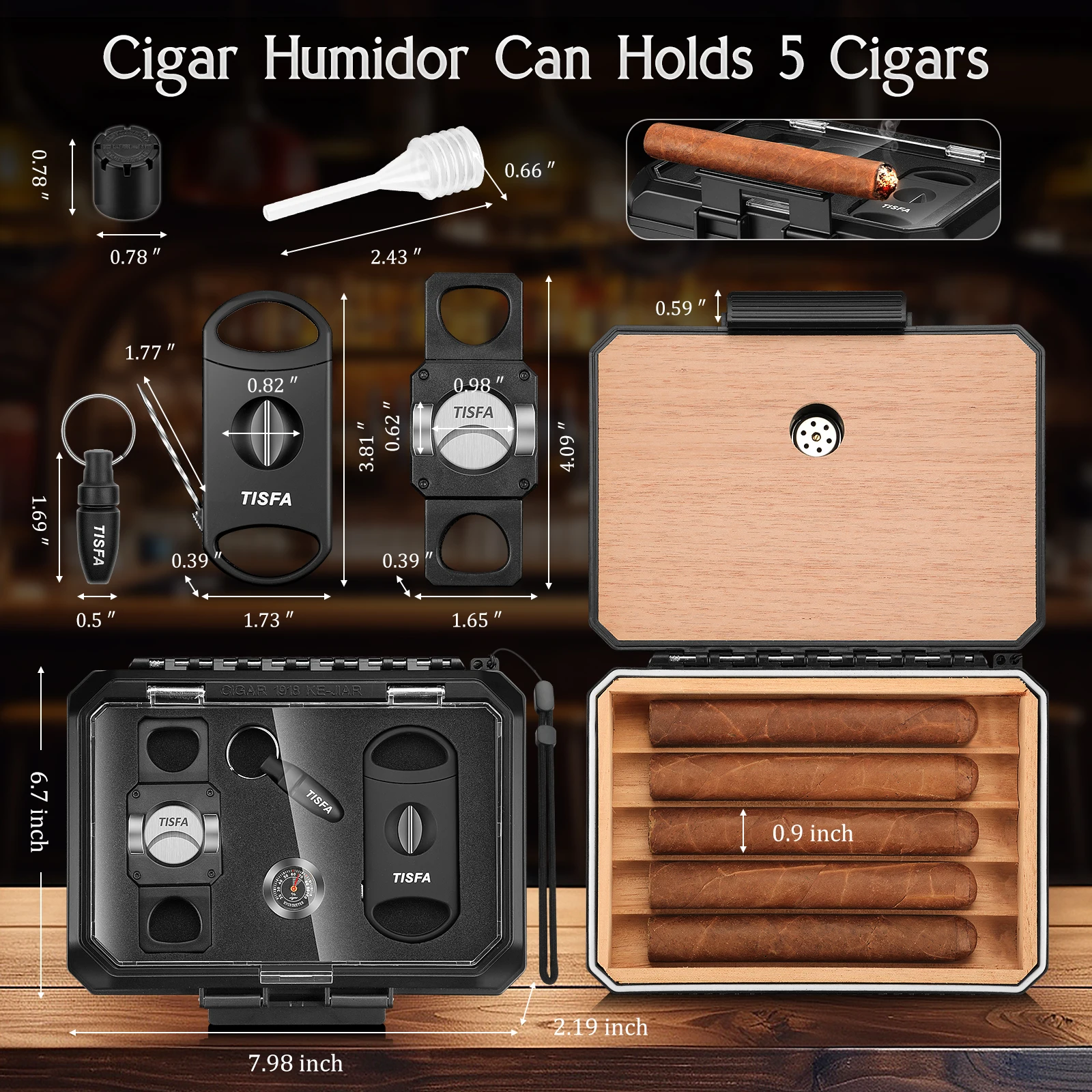 Cigar Humidor Set Travel Humidor for 5 Cigars Includes 2 Cigar Cutters, Cigar Punch,Humidifier, Hygrometer,Cedar Wood Lined Gift