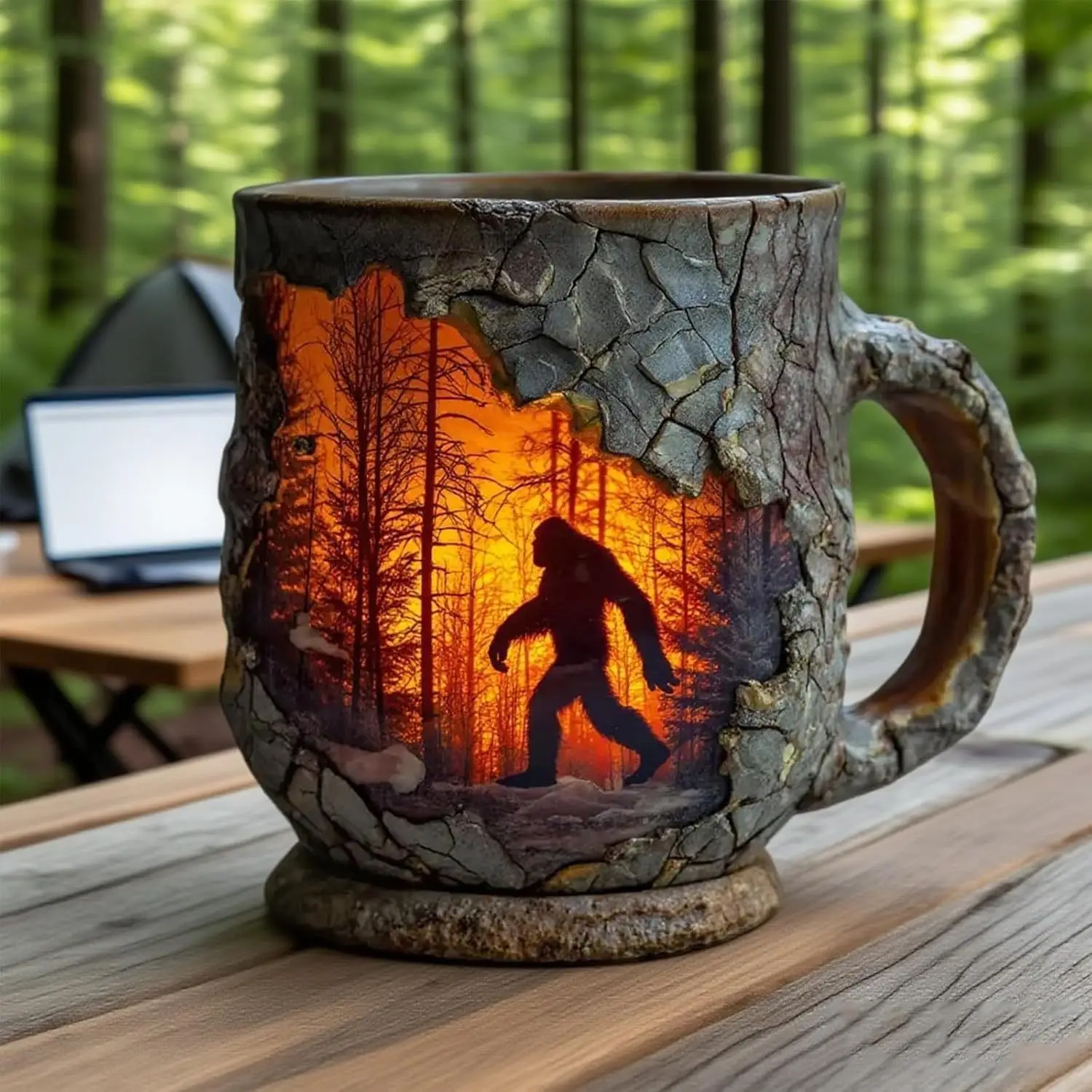 

3d Tree Bark Cup Collectible Forest Mug Ceramic Ergonomic Cup Unique Fire Scene Mug For Office Desk Bedside Table Home Space