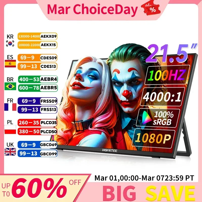 

Монитор HGFRTEE 21,5 дюйма, частота обновления 100 Гц, игровой монитор для компьютера, IPS-панель, Full HD 1080P, для XBox, PS4/5, Switch, VA-панель