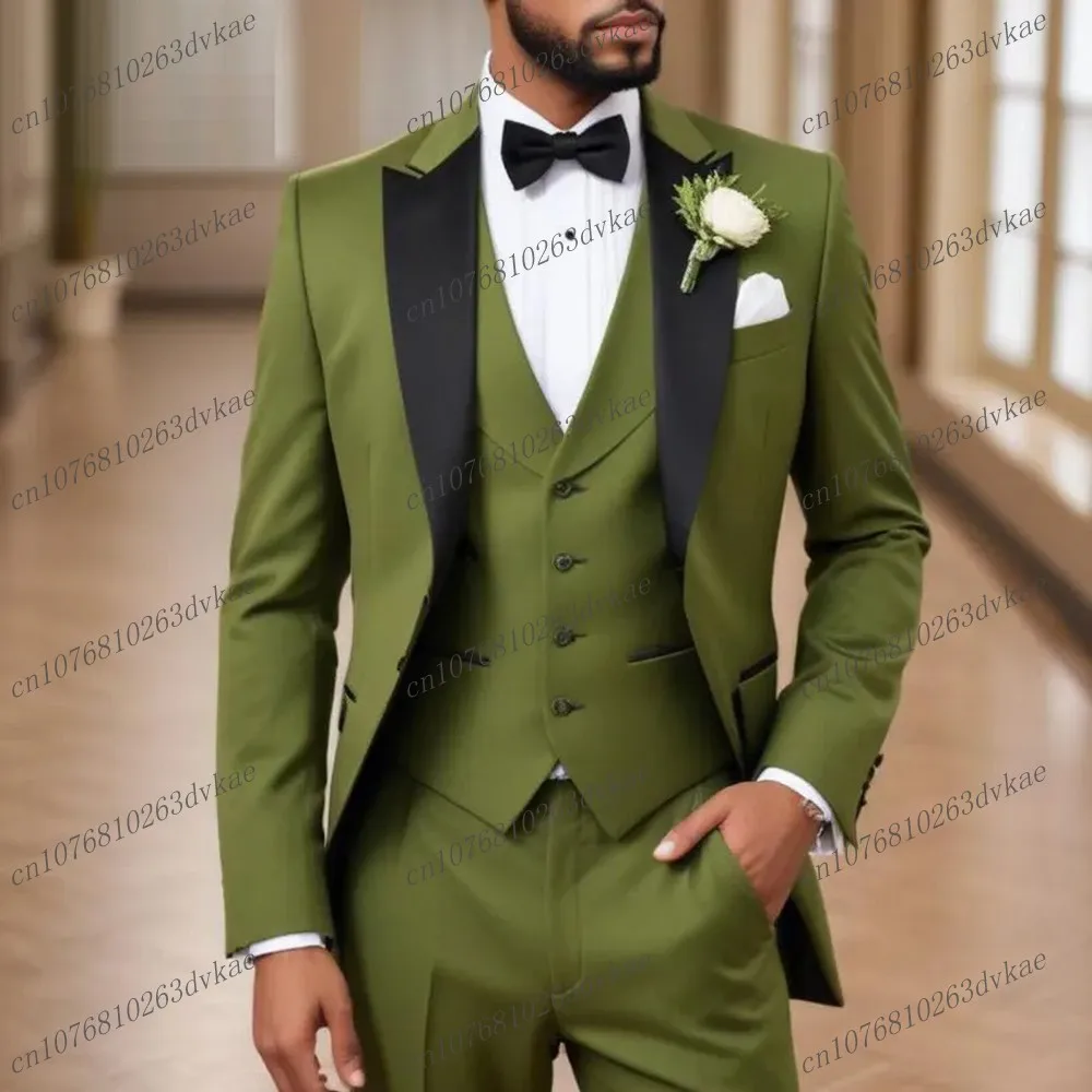 

Black Lapel Army Green Formal Business Men Suit Groom Groomsman Wedding Party Prom Male Tuxedos 3 Piece Set Blazer Vest Pants