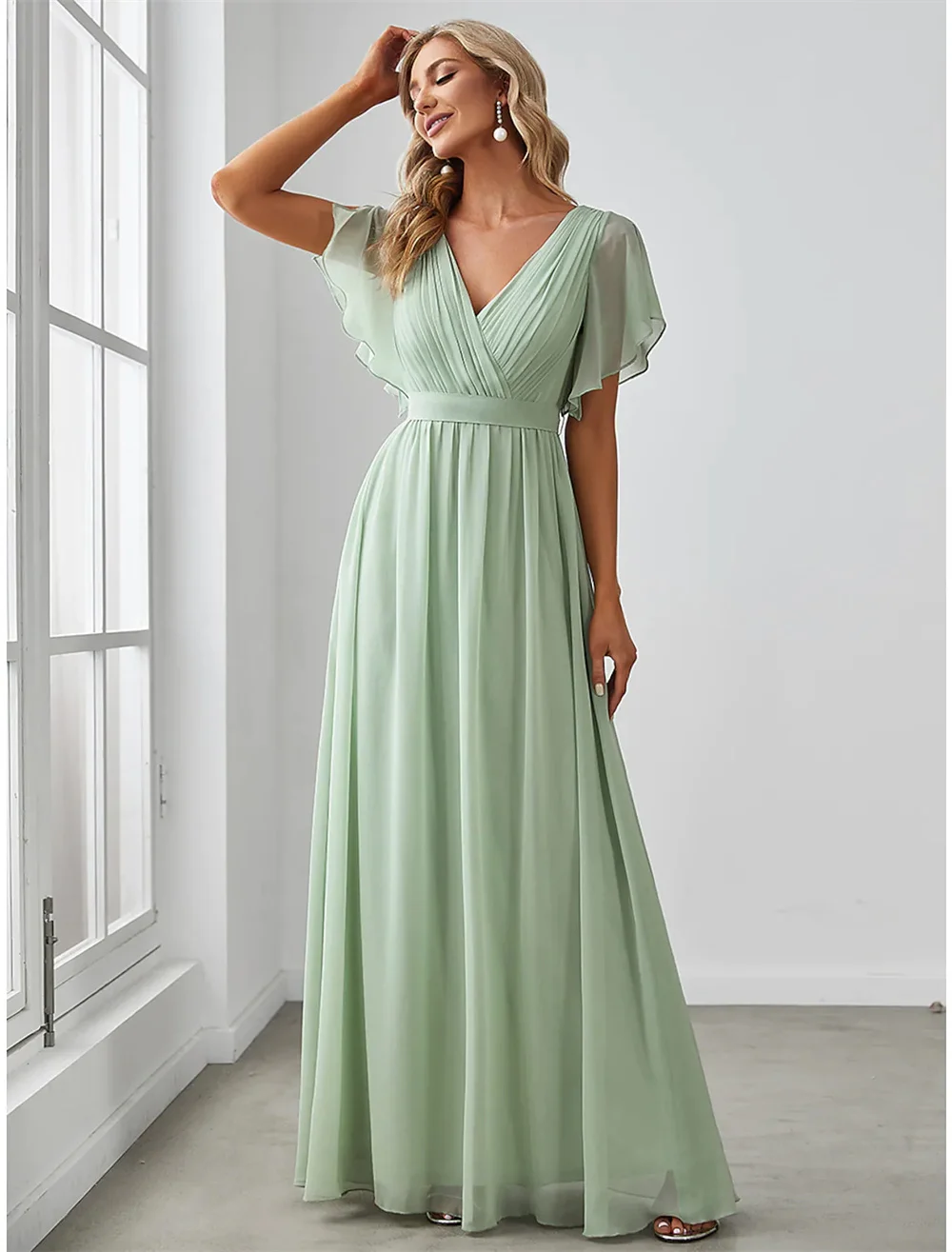 Vestido de dama de honor de línea a para mujer, cuello en V, manga corta, gasa elástica elegante con volantes, Color sólido, vestido elegante para boda par