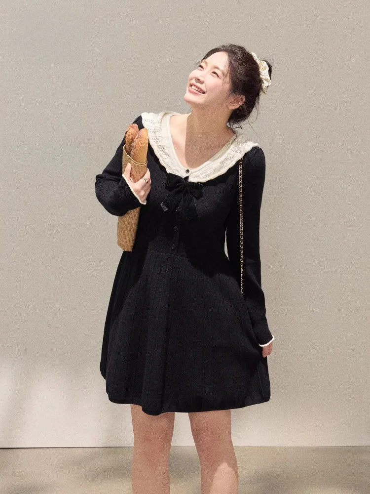 

Вязаное платье больших размеров с кружевным воротником, черно-белое, для офиса, с завышенной талией, А-силуэт, длинное, с коротким рукавом