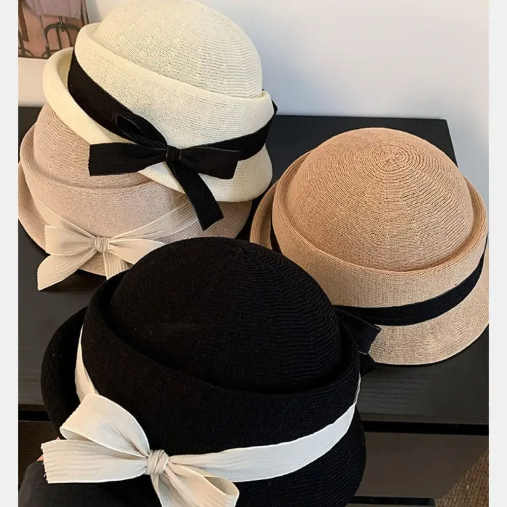

Elegant Bowknot Bow Topper Hat Knitted Weave Hepburn Style Formal Hat Sunscreen Thin Basin Hat Streetwear