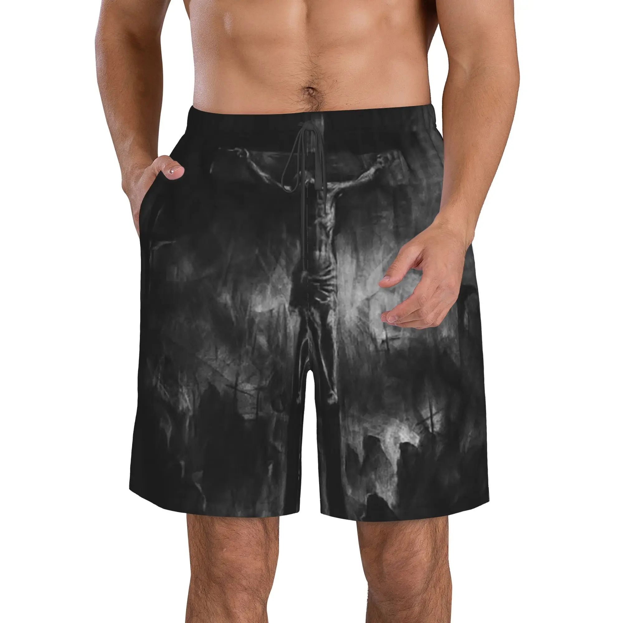 Jesus Christ and Christian Cross Dark Print Trunks Beach Board Shorts Casual Quick Dry Swim Summer Men Pants