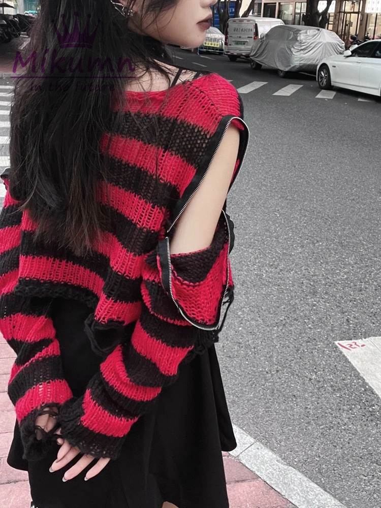 Harajuku Y2k Punk Rock Zipper Sexy Off Shoulder Sweaters Women Gothic Black Grey Red Stripes Broken Hole Loose Knitted Jumpers