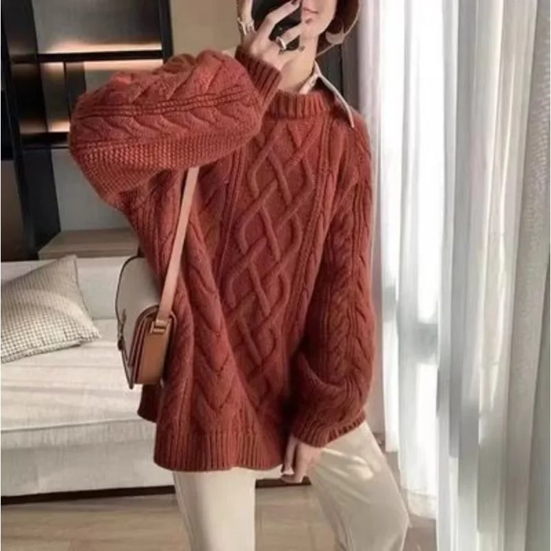 2024 Autumn and Winter New Thick Line Sweater Women's Korean Style Loose Lazy Style Round Neck Thickened Twist Pullover Sweater