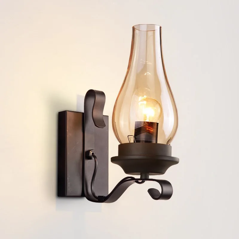 

Retro Industrial Wall Light Iron Wall Lamp Creative Restaurant Corridor Bedroom Bedside Glass Light Living Room Hotel Lighting