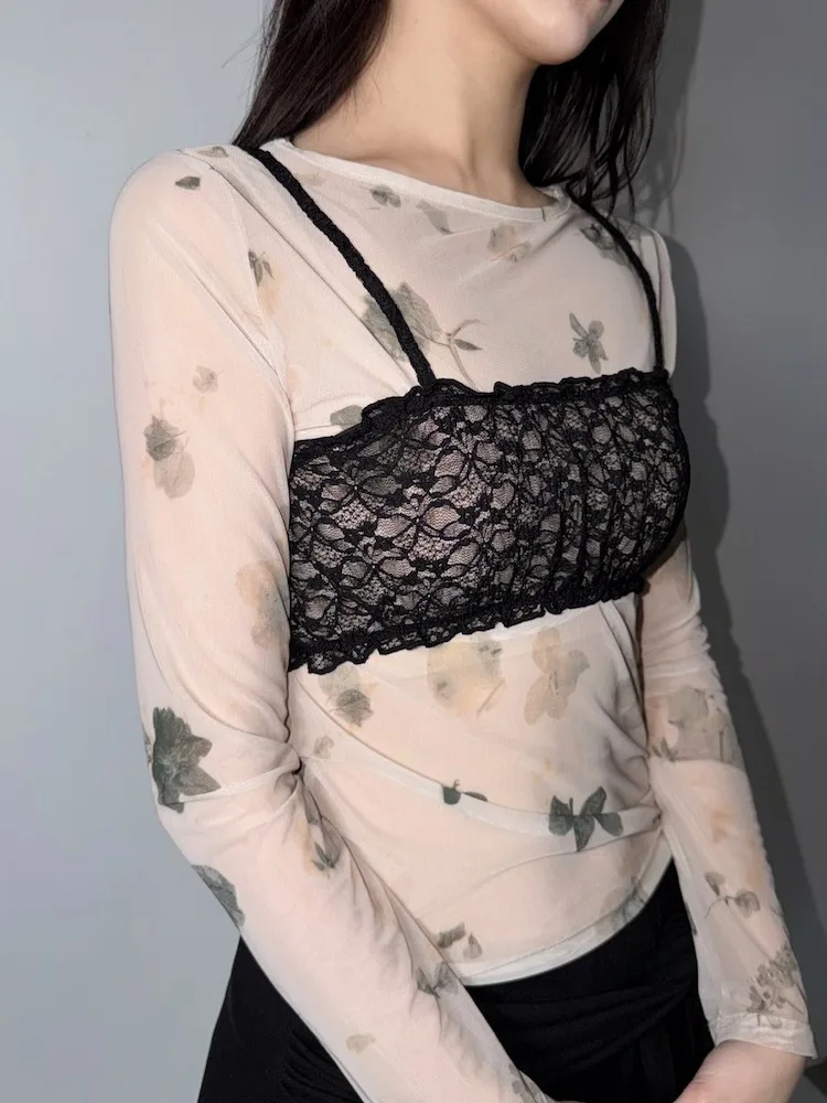 Spring New Style Women's Floral Print Vintage Long Sleeve Mesh Base Shirt Inner Wear Transparent Top Korean Style Street Fashion