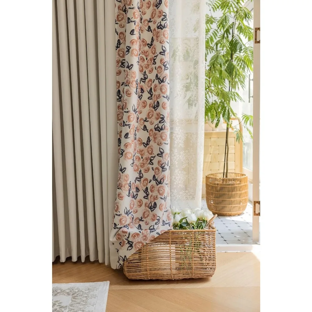 Room Darkening Chenille Brown Patchwork Flower Printed Grommet Curtains, 52x54 Inches, Living Room Blackout Panels with Flower P