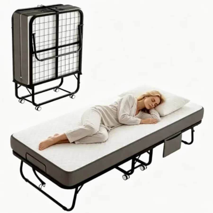 Folding Bed with Memory Foam Mattress, 75 x 31 Portable Rollaway Guest Bed for Adults, Space-Saving Luxury Single Bed with Stur