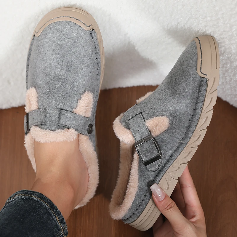 Damenmode Baotou-Slipper Winter Neu Rundkopf Tiefer Schnitt Schnallenverschluss Weiche Sohle Rutschfest Verschleißfest Flache Schuhe – Detail 1