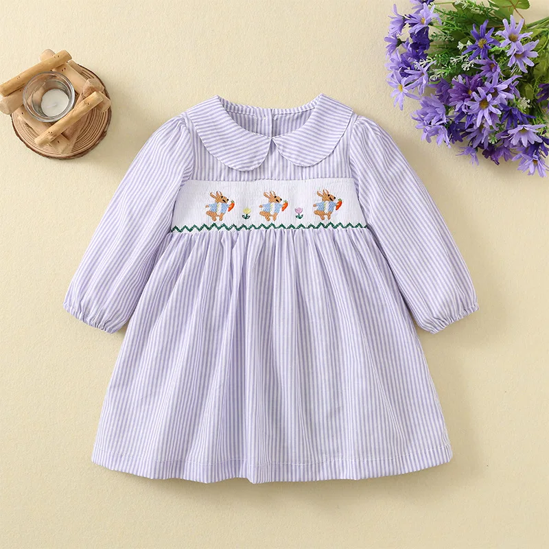 Boutique Easter Baby Girls Purple Stripe Sibling Outfits Children Three Rabbit Pattern Skirt Hand Smock Long Sleeve Girl Dress