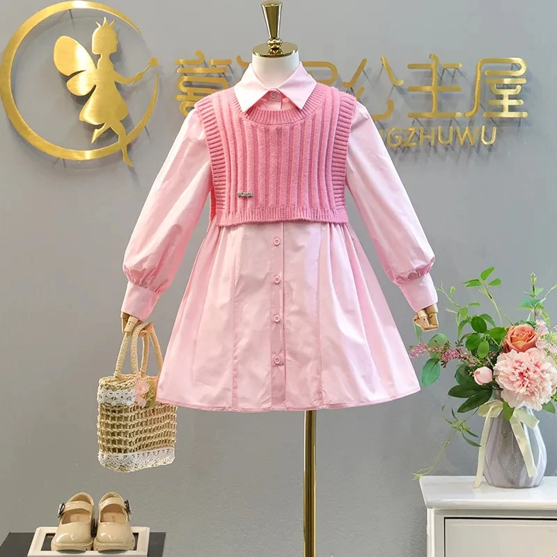 Spring Girls Dress 2024 New Children\'s Fashion Shirt Dress Teenage Girls Vest+Dress Two-piece Set 4 6 8 10 12 13Y