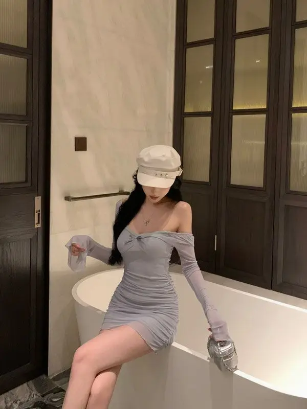 

Pure Sexy Mesh V-neck Dress for Women in Summer Bow Slim Waist Long Sleeve Pleated Hip Short Skirt