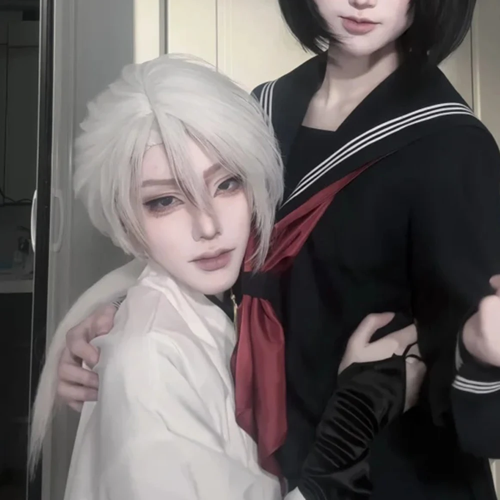 Juego SILENT HILL F máscara de zorro Cosplay peluca hombres mujeres pelo largo blanco peluca sintética resistente al calor accesorio de fiesta de Halloween