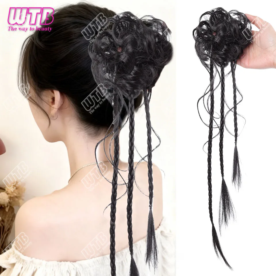 Synthetic 20Inch Long Braid Hair Bun Twisted Design Black Fluffy Elasticity Hair Bun Ponytail For Women