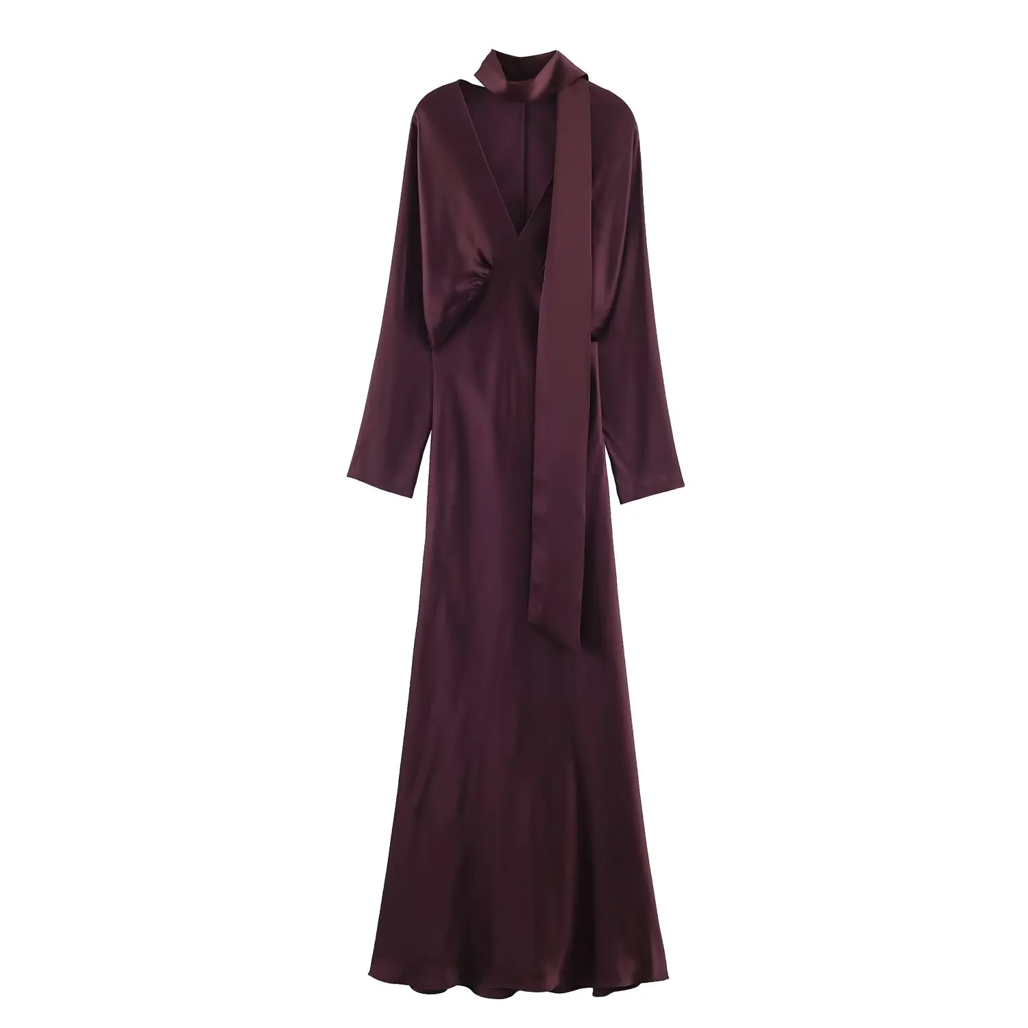 BSAY – robe écharpe en Satin pour femmes, mode automne hiver, nouvelles plis, manches longues, col en v, robes de soirée françaises