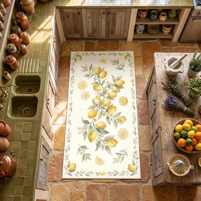 VIKAMA Mediterranean Lemon Kitchen Mat, Watercolor Floral Fruit Non-Slip Washable Rug, Home Kitchen Decor