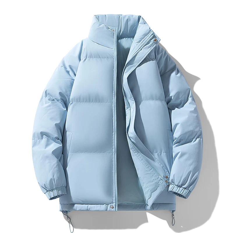 Unisex Stand Collar Puffer Jacket Full‑Zip Drawstring Hem Elastic Cuff Warm Winter Casual Coat